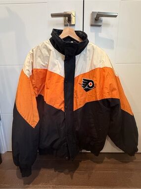 Vintage LOGO 7 Orange, Black and White Colorblock Puffer Jacket